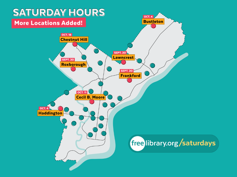 More Saturday hours locations added. Frankford, Launcrest and Roxborogh added on September 20th. On October 4th, 2025, Haddington and Bustleton will have Saturday hours. Cecil B. Moore on October 11th. Chestnut Hill on October 18th.